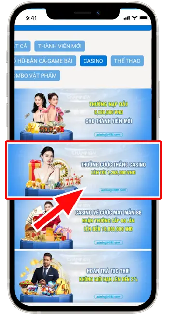 Bước 2: Chọn khuyến mãi "THƯỞNG CƯỢC THẮNG CASINO".